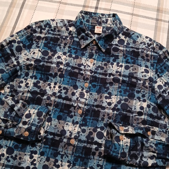 Disney Other - Uniqlo + Disney Men's Bue Cotton Plaid Mickey L/S Flannel Shirt Size L